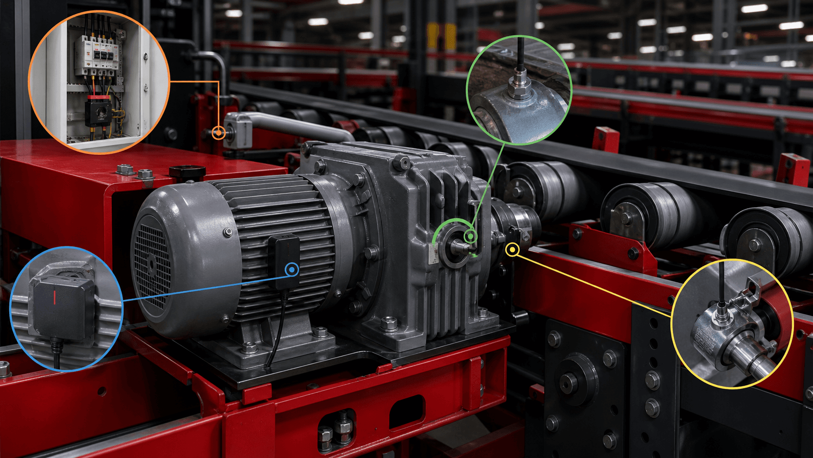 Sensor mounting points on motor, conveyor system and panel